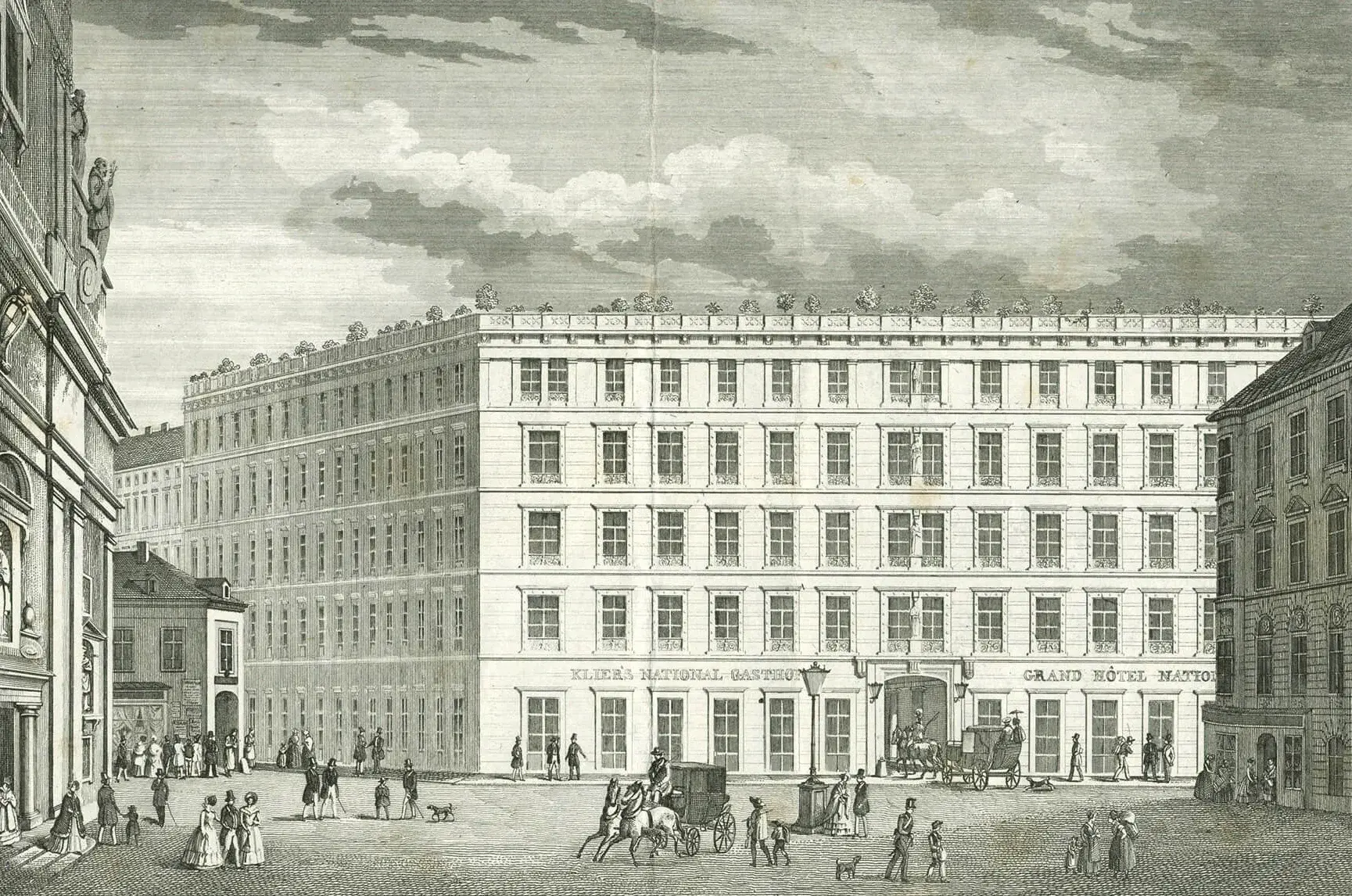 „Das neue Hôtel National in Wien“, Bildbeilage der Theaterzeitung, Lithographie, 1848, Privatbesitz