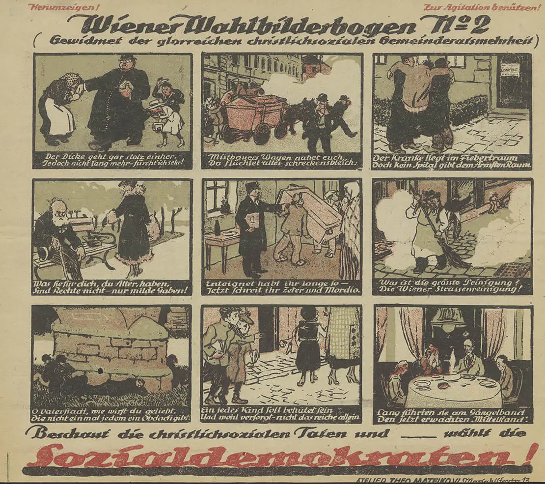 Die christlichsoziale Kommunalpolitik karikierende sozialdemokratische Wahlwerbung, 1919, Wienbibliothek im Rathaus