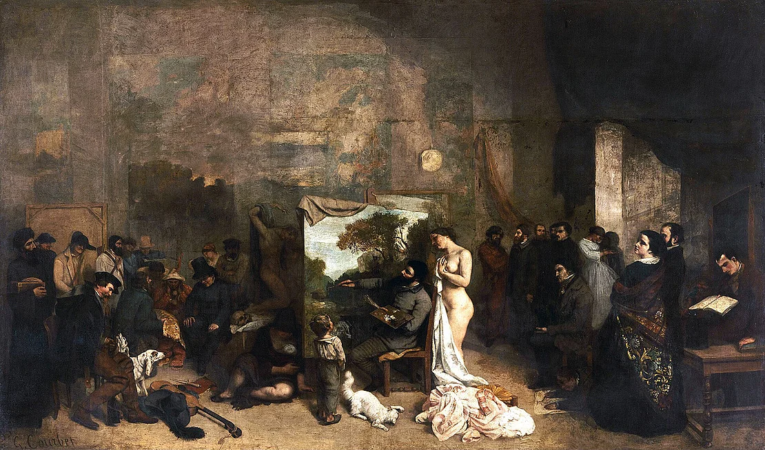 Im Gustave Courbets Gemälde „Das Atelier des Künstlers“ sind Caroline Unger und ihr Ehemann François Sabatier am rechten Bildrand abgebildet, sie trägt einen Tuch über den Rücken und blickt über ihre Schulter ins Bildzentrum, 1855, Wikimedia Commons  