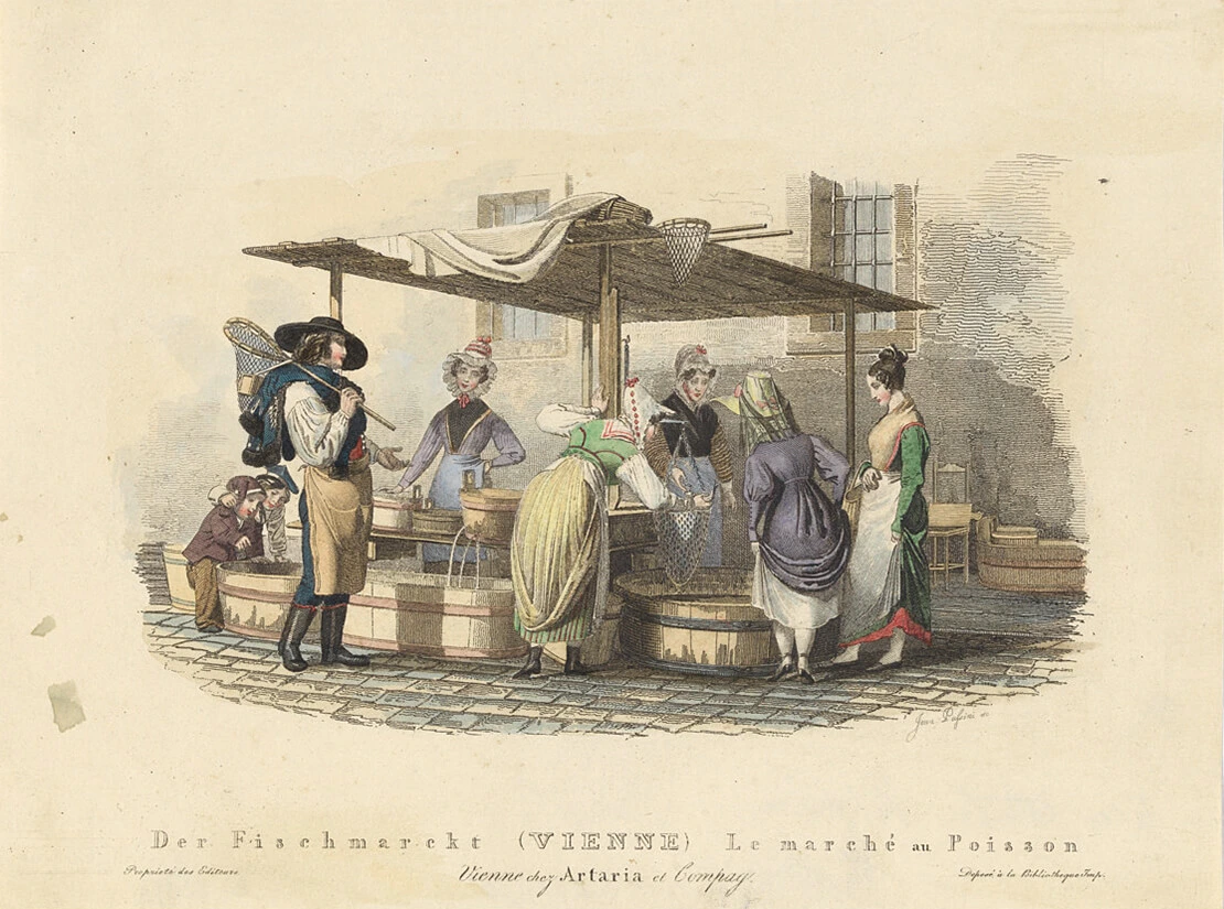 Johann August Krafft: „Der Fischmarckt“, 1826, Radierung (Verlag Artaria), Sammlung Wien Museum  