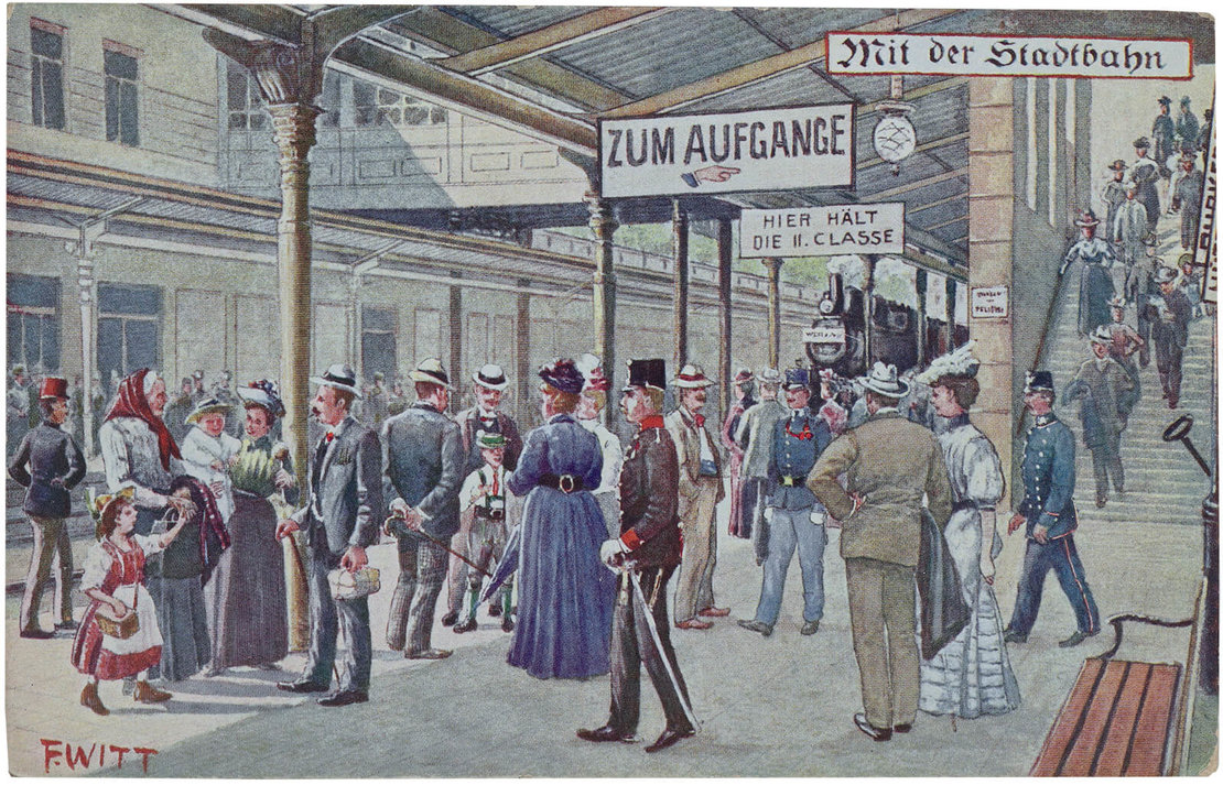 Stadtbahnstation mit einfahrendem Zug, Ansichtskarte nach einem Aquarell von Franz Witt, Brüder Kohn, um 1910, Wien Museum 