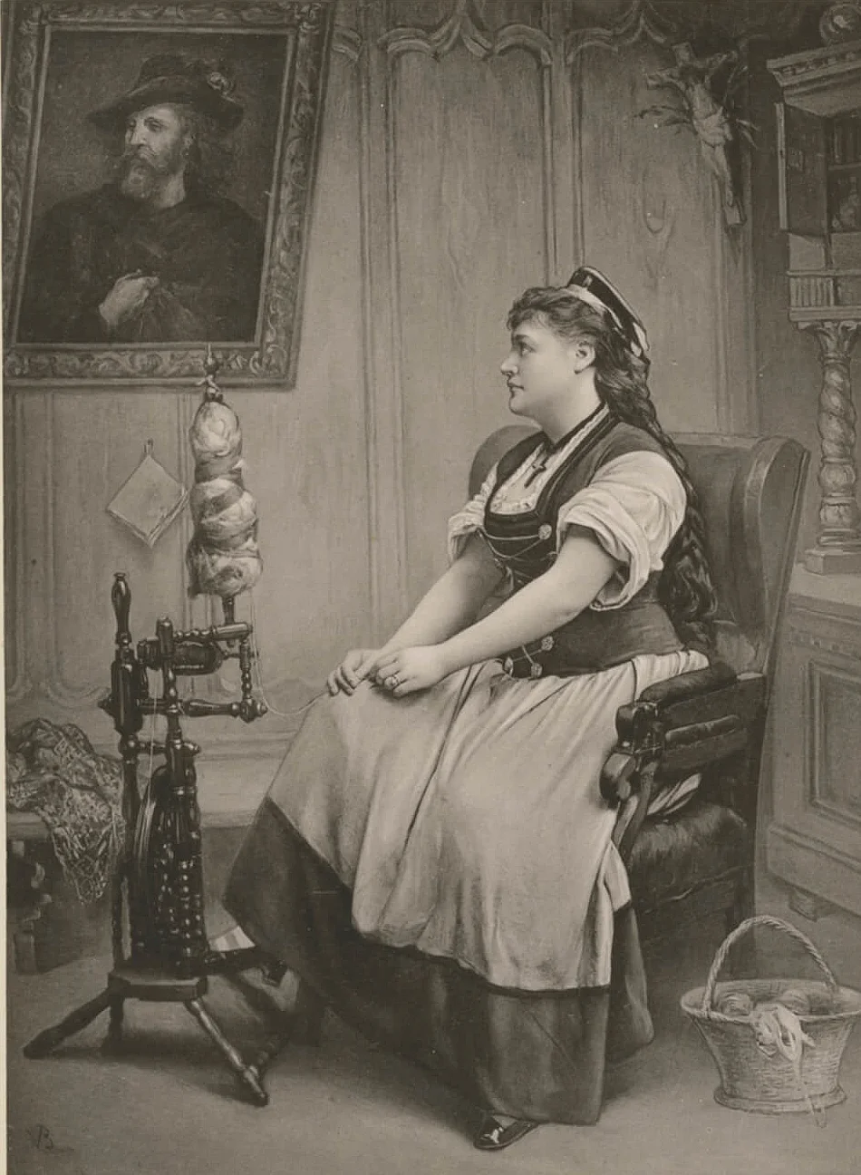 Therese Malten als Senta im „Fliegenden Holländer“, abgebildet in: Richard Wagner's Frauengestalten. Erläutert von Richard Gosche. Mit 12 Illustrationen nach Cartons, unter Benutzung photographischer Aufnahmen gemalt von J. Bauer und E. Limmer, Leipzig 1884.  