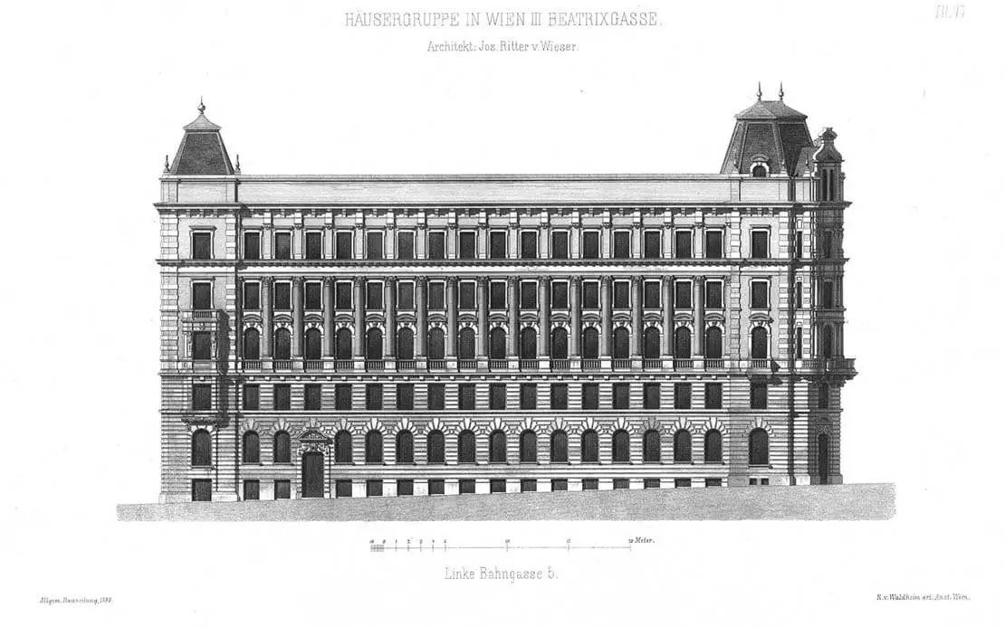 Fassadenansicht des Hauses in der Linken Bahngasse 5, Allgemeine Bauzeitung, 1890, Quelle: Anno/ÖNB