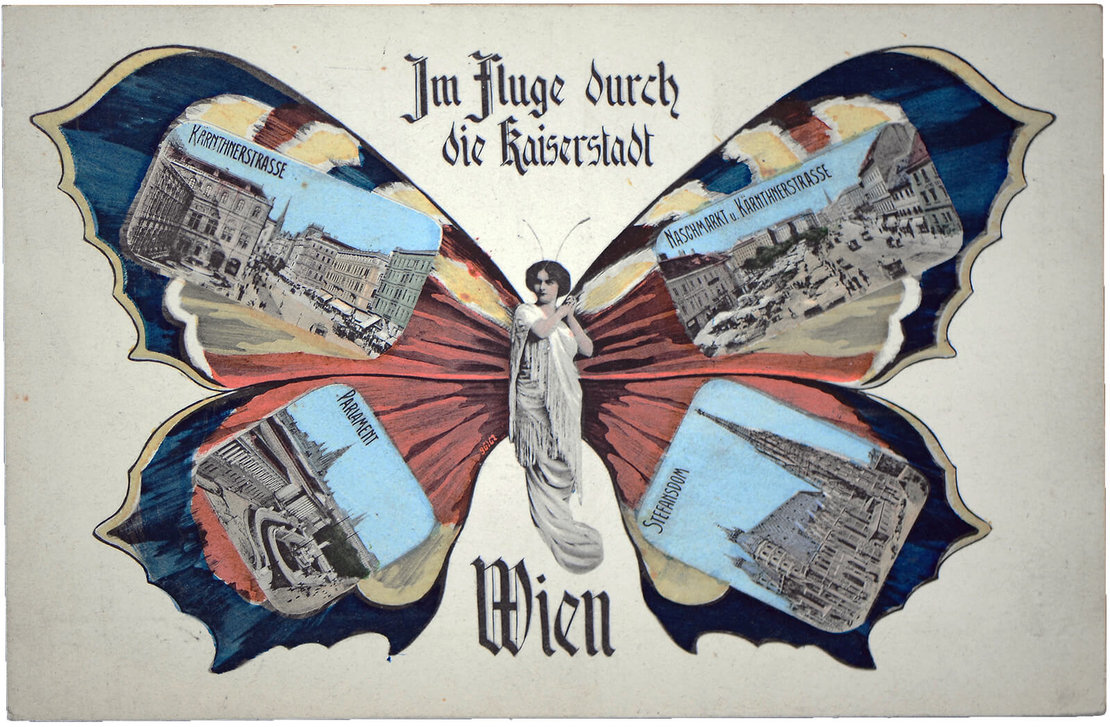 „Im Flug durch die Kaiserstadt“, 1905-1915, Lichtdruck, handkoloriert, Verlag: Lederer & Popper, Wien Museum 