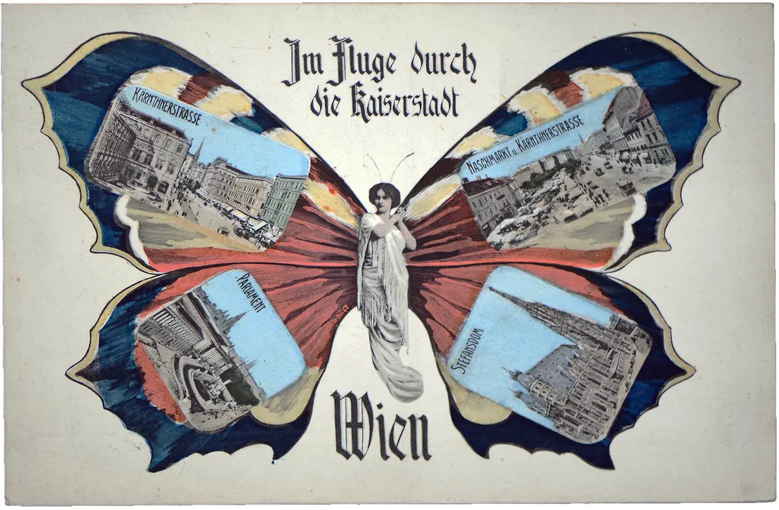 „Im Flug durch die Kaiserstadt“, 1905-1915, Lichtdruck, handkoloriert, Verlag: Lederer & Popper, Wien Museum