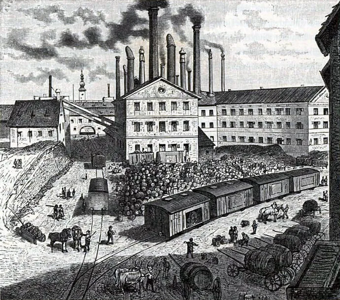 Die Schwechater Brauerei vor 1889, Abbildung aus: Die österreichisch-ungarische Monarchie in Wort und Bild, Wien und Niederösterreich, 2. Abteilung: Niederösterreich, Wien 1888, S. 348