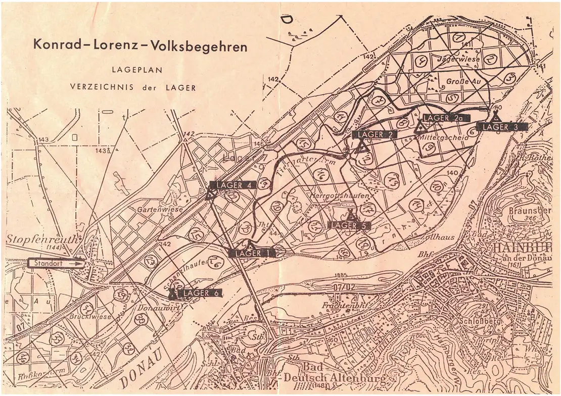 Plan mit Verzeichnis der Lager in der Hainburger Au, 1984, Wien Museum  