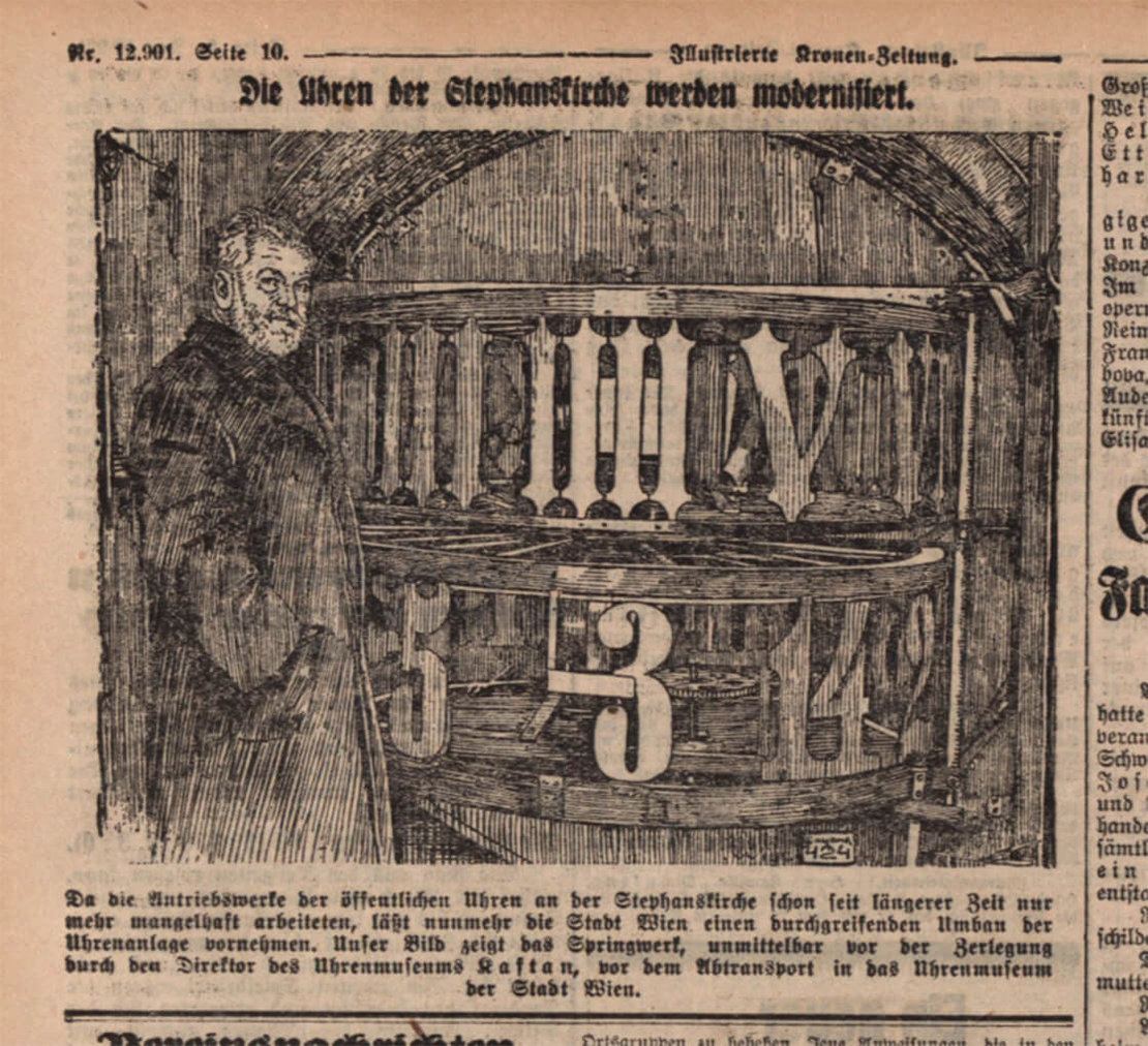 Zweite digitale Uhr von St. Stephan, 1909-1935, hier sieht man den horizontalen Karusellantrieb der Ziffern, Illustrierte Kronen Zeitung 18.12.1935 S.10, ANNO/ÖNB 