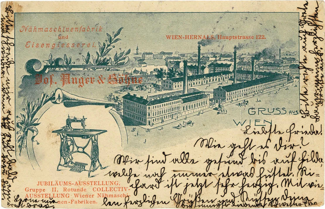 „Gruss aus Wien – Jos. Angerer & Söhne – Nähmaschinenfabrik und Eisengiesserei. Wien-Hernals, Hauptstrasse 122“, gelaufen 1900 nach Amstetten, Wien Museum  