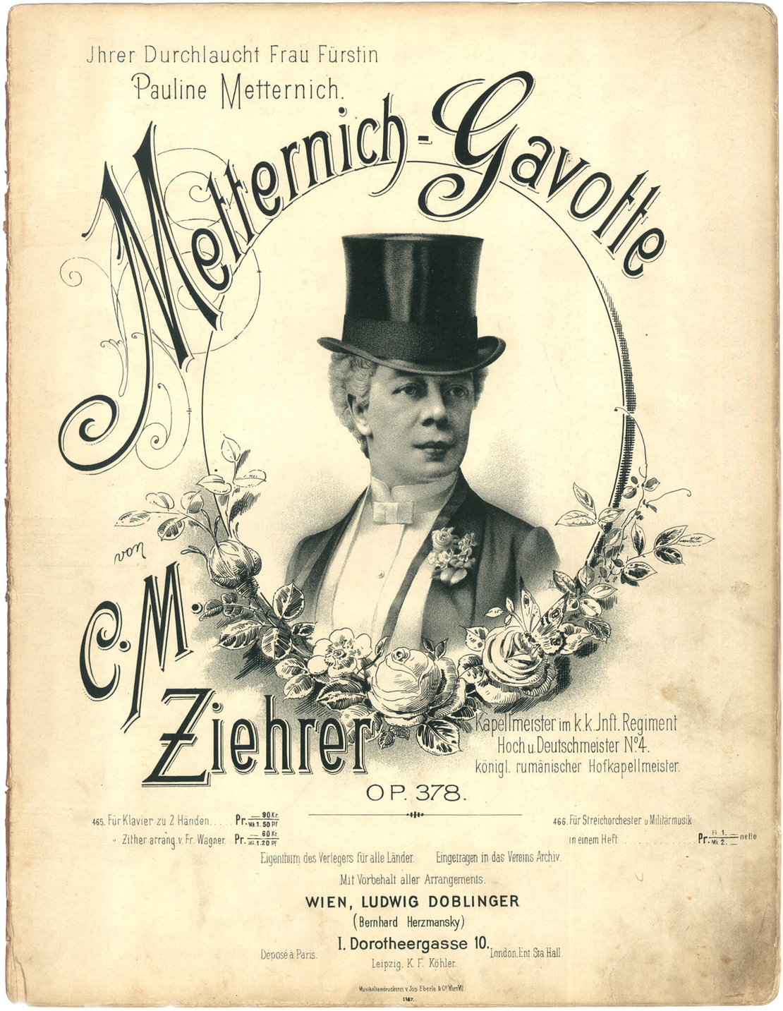 Erschien wie die anderen Werke Ziehrers im Musikverlag Doblinger: die Metternich-Gavotte (op.378), 1887, Collections Walter Anton / Wikimedia Commons 