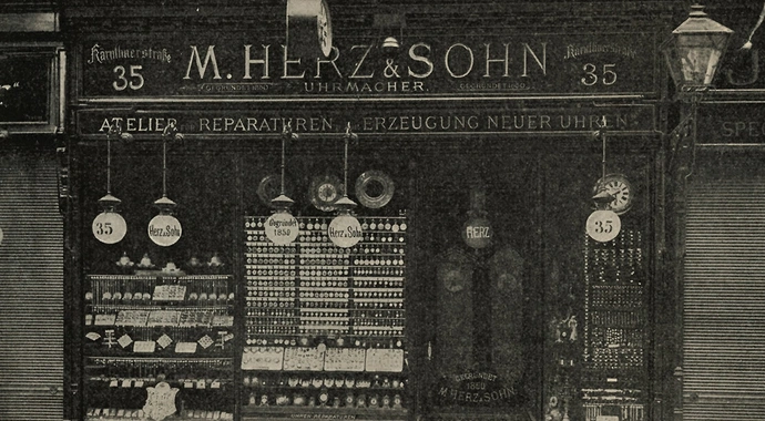 Geschäftsadresse der Firma M. Herz & Sohn, Kärntnerstraße 35; Quelle: M. Herz & Sohn; Preisbuch Uhren, Schmuckwaren- und Juwelen-Industrie, (1910) Nr. 1