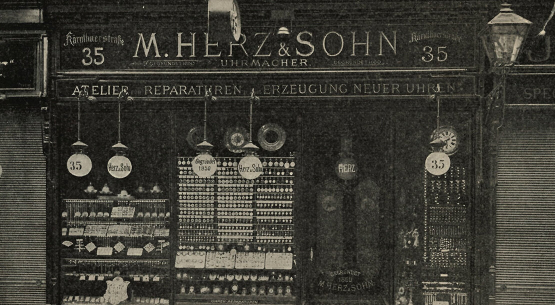 Geschäftsadresse der Firma M. Herz & Sohn, Kärntnerstraße 35; Quelle: M. Herz & Sohn; Preisbuch Uhren, Schmuckwaren- und Juwelen-Industrie, (1910) Nr. 1 