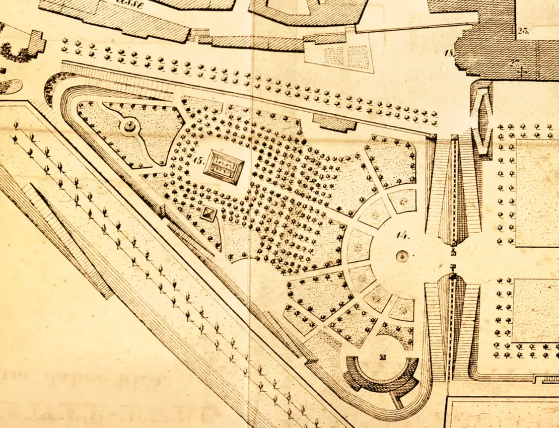 Die Wiener Burg im Jahre 1825 (Ausschnitt mit dem Volksgarten), Lithographie von Franz Orlitsek. Veröffentlicht in: Joseph von Hormayr, Wien, seine Geschicke und seine Denkwürdigkeiten, 2. Jg., 2. Bd., Wien 1825. Foto: Christian Hlavac