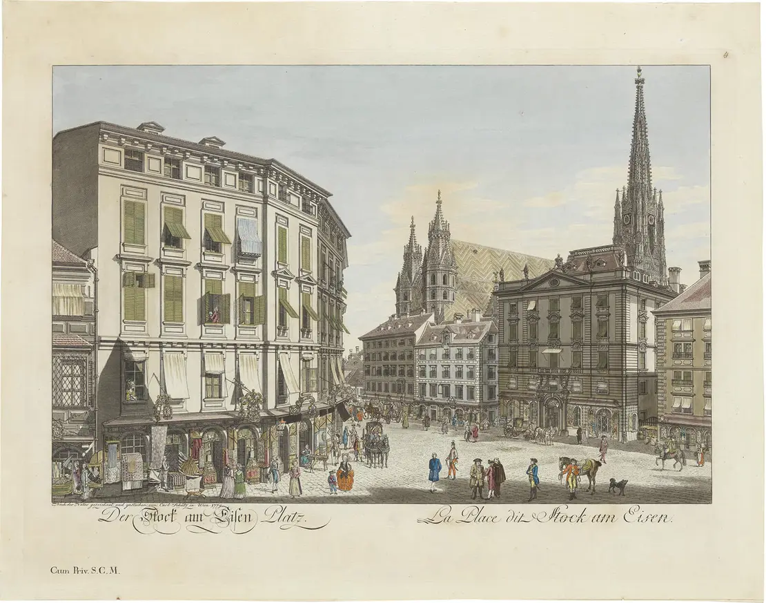 Carl Schütz, „Der Stock am Eisen Platz“ (1. Etat), Kupferstich koloriert, mit Radierung kombiniert, Verlag Artaria, 1779