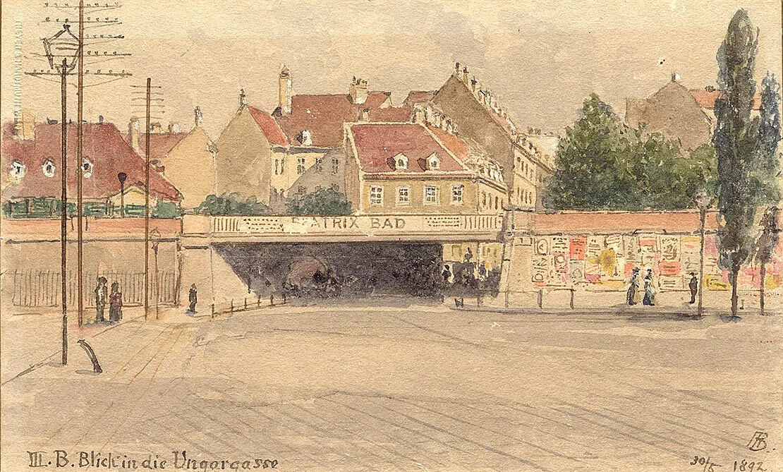 Reklame für das Beatrixbad bei der Ungargasse, Aquarell von Adolf Albin Blamauer, 1892, Bezirksmuseum Landstraße