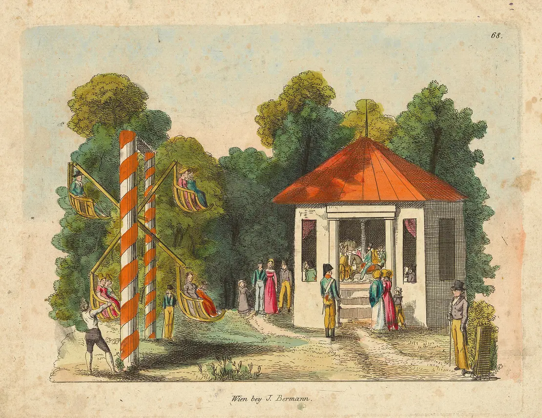 Ringelspiel und Haspel, um 1800, kolorierter Kupferstich, Wien Museum, Inv.-Nr. 81546  