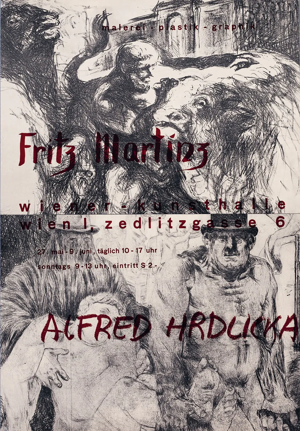 Plakat der ersten programmatischen Ausstellung (Realistenschau) von Hrdlicka und Martinz in der Zedlitzhalle, 1960, Dorothea Martinz  