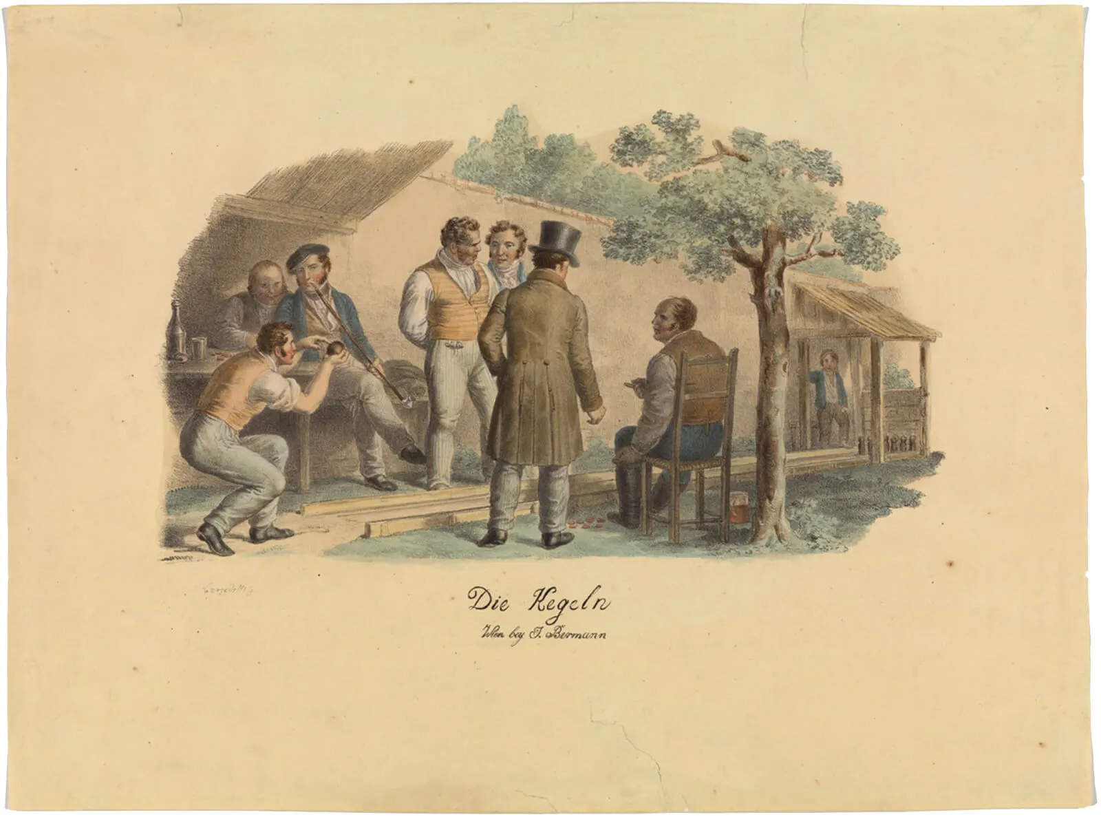 Josef Lanzedelly d. Ä.: Die Kegeln, Lithografie, um 1818, Wien Museum  