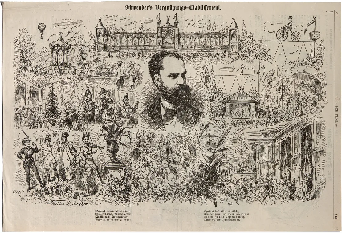 Theodor Zasche: Szenen aus „Schwenders Colosseum“, mit eine Porträt des Betreibers Carl Schwender (aus „Der Floh“), 1872, Wien Museum  