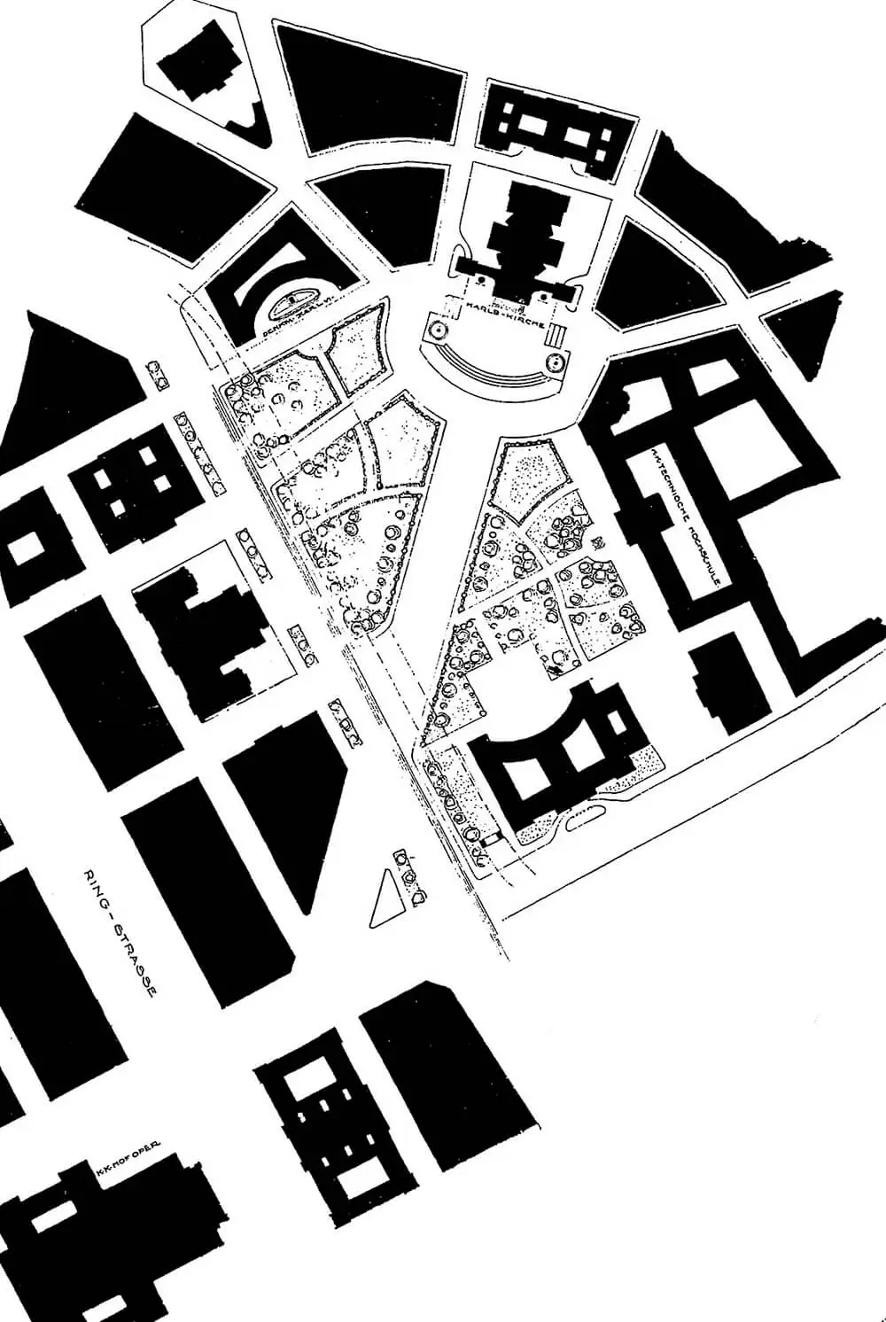Entwurf des Heimatschutzvereins für die Avenue Karlskirche-Oper und einen Platzabschluss im Westen. Aus: Verein zum Schutze und zur Erhaltung der Kunstdenkmäler Wiens und Niederösterreichs: Die Zukunft des Karlsplatzes in Wien. Eine Anregung, Wien 1911  