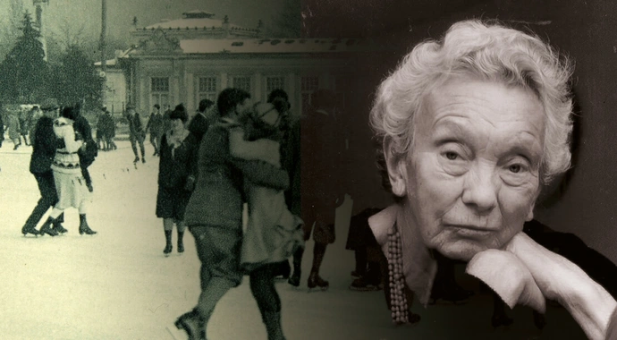 Links: Wiener Eislauf-Verein am Heumarkt, um 1925. Foto R. Jobst / © Archiv Seemann / Imagno / picturedesk.com, Rechts: Ilse Helbich, Foto: Privat