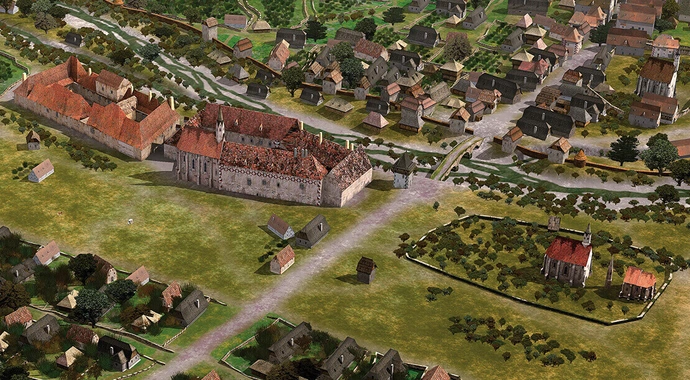 Das Bürgerspital (Gebäudekomplex links) auf einer Rekonstruktion des Karlsplatzes um 1520, die für die Ausstellung „Am Puls der Stadt. 2000 Jahre Karlsplatz“ im Wien Museum 2008 erstellt wurde. Am rechten unteren Bildbereich ist der Friedhof des Bürgerspitals zu sehen. Visualisierung: 7reasons