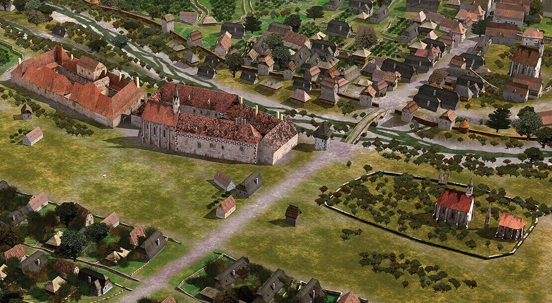 Das Bürgerspital (Gebäudekomplex links) auf einer Rekonstruktion des Karlsplatzes um 1520, die für die Ausstellung „Am Puls der Stadt. 2000 Jahre Karlsplatz“ im Wien Museum 2008 erstellt wurde. Am rechten unteren Bildbereich ist der Friedhof des Bürgerspitals zu sehen. Visualisierung: 7reasons