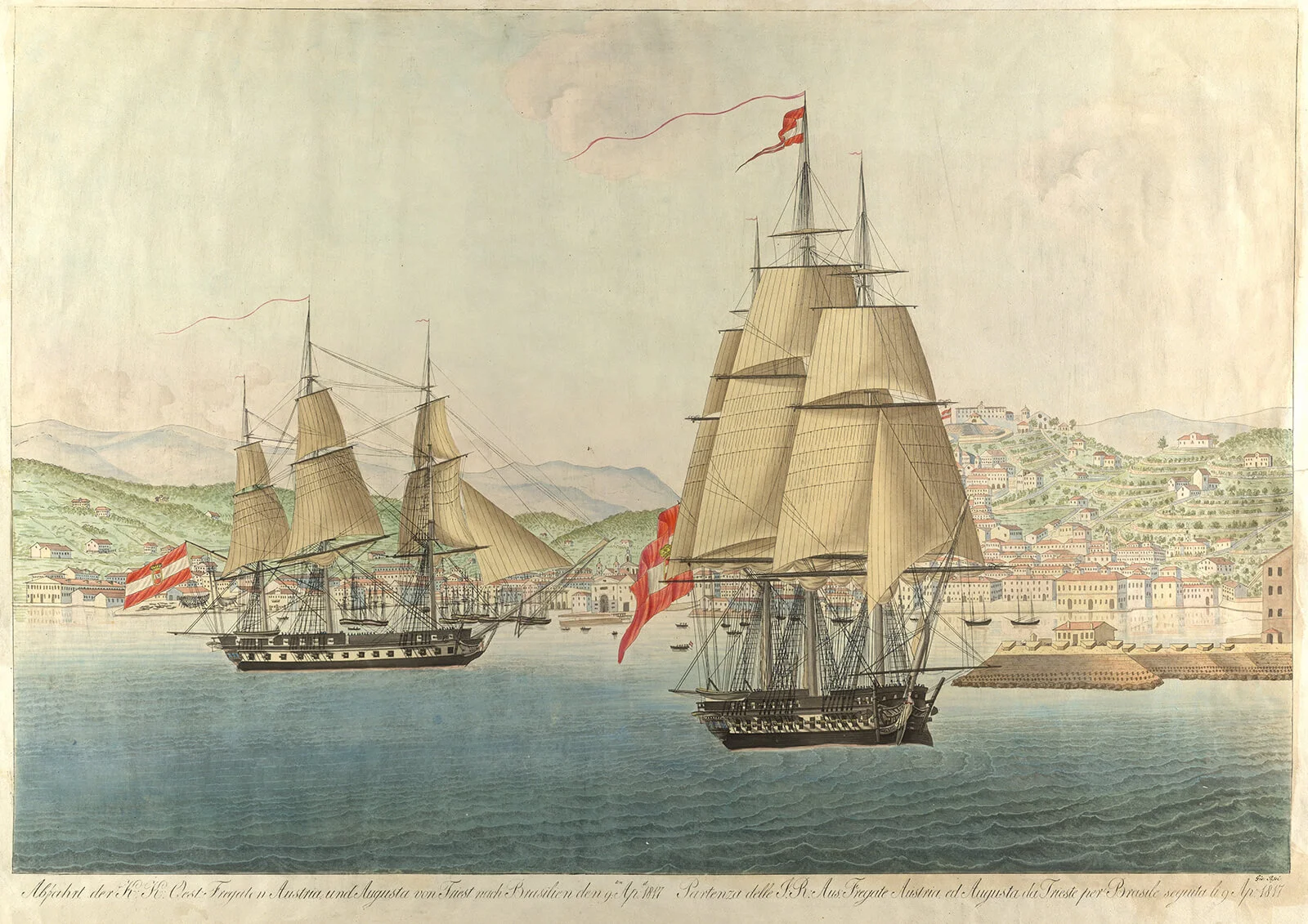 Abfahrt der österreichischen Schiffe „Austria“ und „Augusta“ von Triest, 10. April 1817, ÖNB/Bildarchiv, Pk286