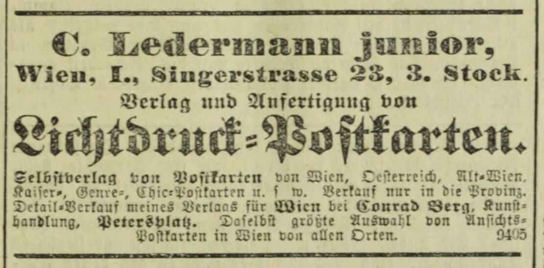 Eine Annonce von Carl Ledermann im Neuigkeits-Weltblatt vom 4. August 1898. ÖNB / Anno 
