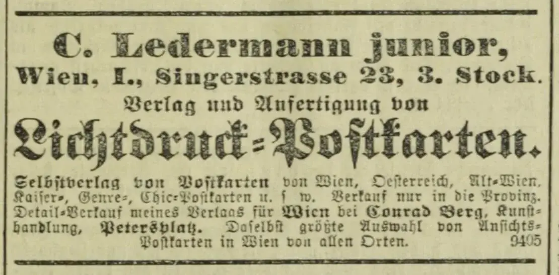 Eine Annonce von Carl Ledermann im Neuigkeits-Weltblatt vom 4. August 1898. ÖNB / Anno  