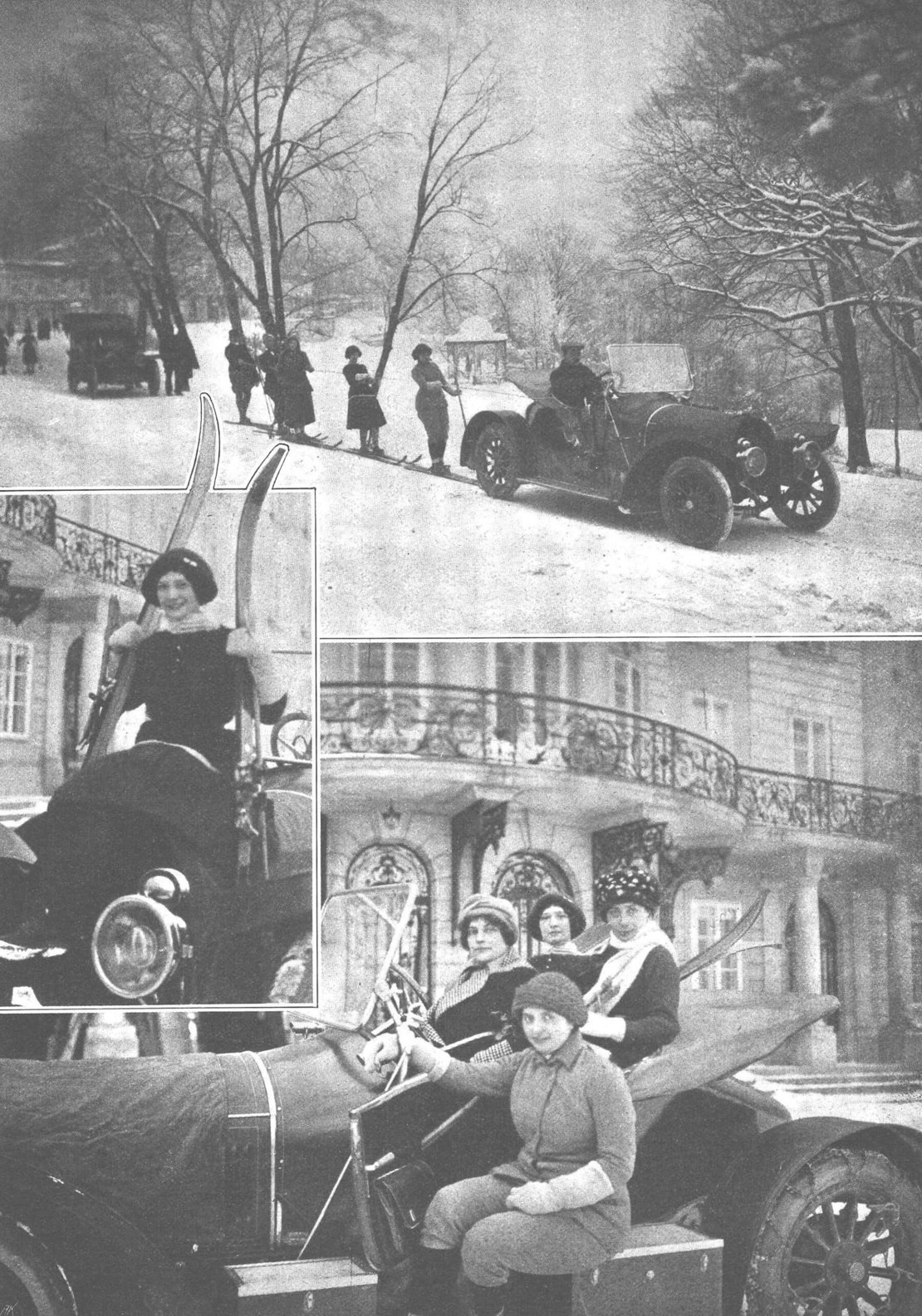 Im oberen Bild ist in der linken Bildhälfte hinter den Bäumen das Schloss zu sehen, die Frauen in der unteren Bildhälfte befanden sich direkt davor, Allgemeine Automobil-Zeitung, 26. Jänner 1913, S. 13, ANNO/ÖNB 