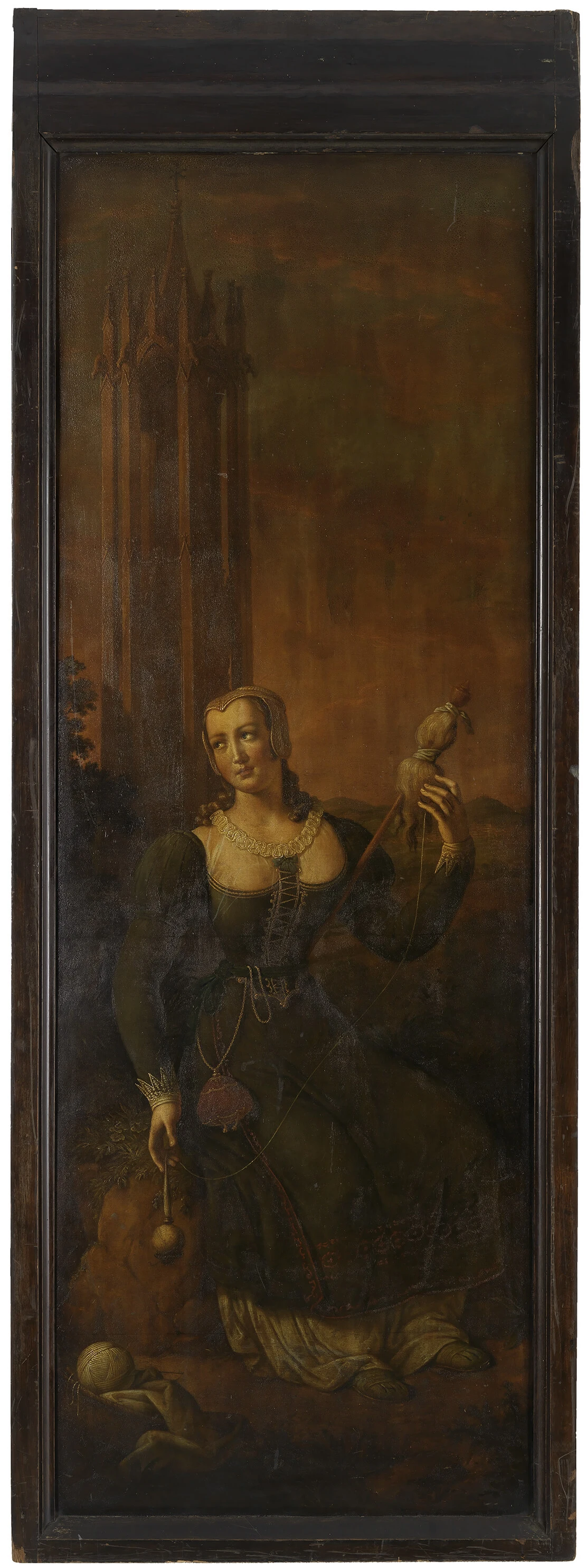 Johann Nepomuk Höfel, Geschäftsschild des Woll- und Wirkwarengeschäftes "zur Spinnerin am Kreuz" von Anton Viertler, 1., Rauhensteingasse 3, Öl auf Leinwand, 1845, Wien Museum