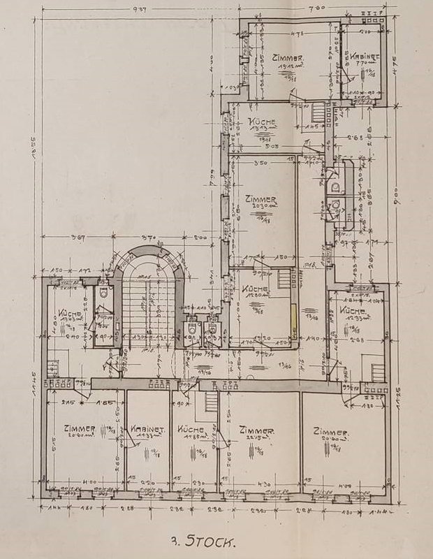 Der historische Grundriss der Wohnung, Bildmitte rechts (gleich nach der Treppe links - Küche und Zimmer, die Toilette war am Gang), Quelle: MA 37/Baupolizei 