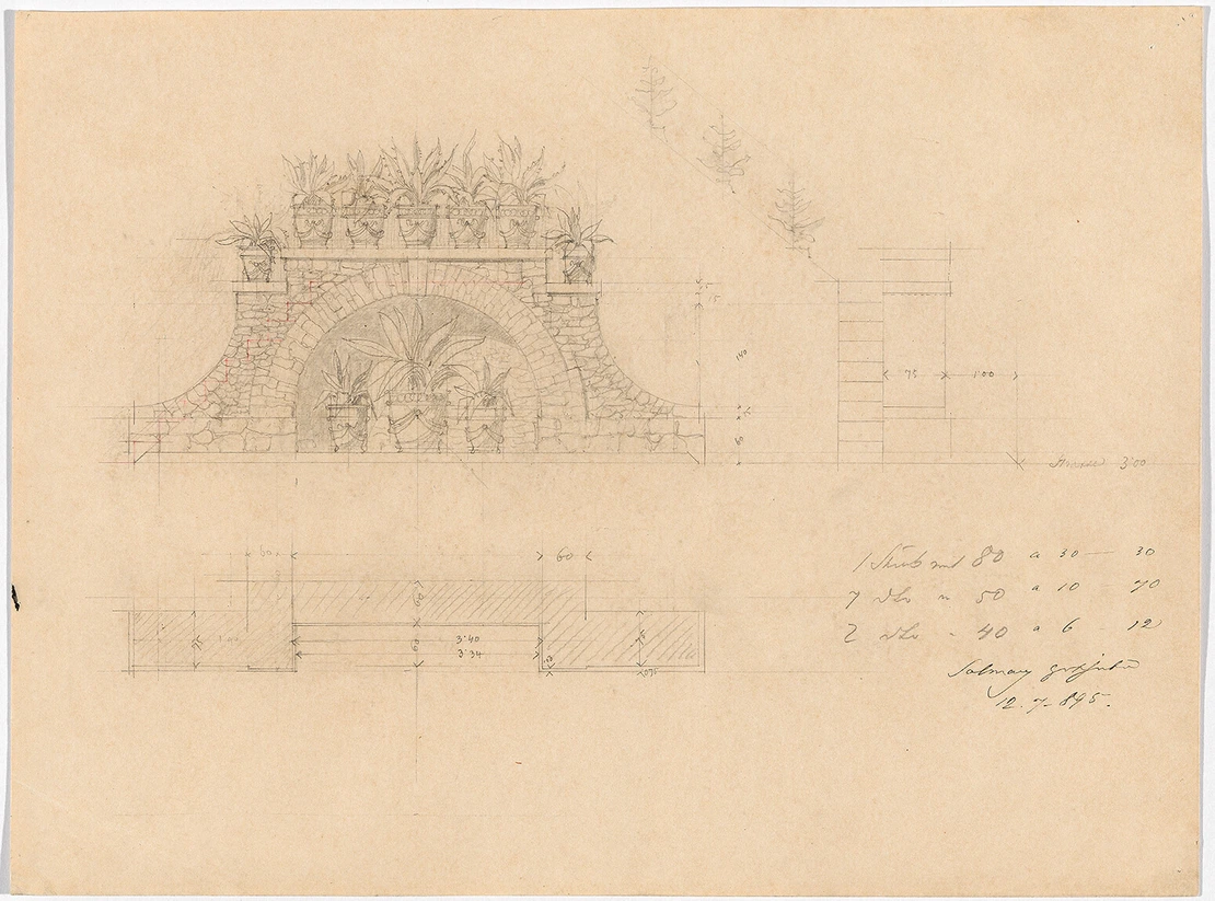 Otto Wagner: Stützmauer im Garten der Villa Wagner in Hütteldorf, 1895, Bleistift, 24,3 x 32,5 cm, Wien Museum