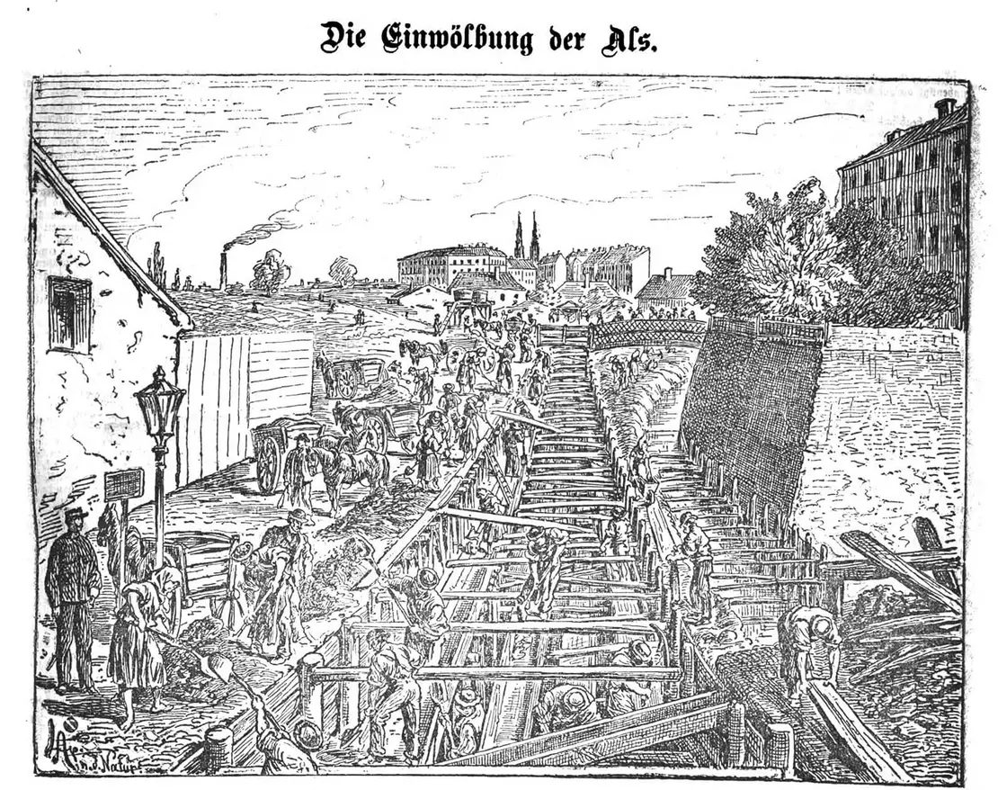 Einwölbung der Als, Abbildung aus: Illustrirtes Wiener Extrablatt, 15. Juli 1877, Quelle: ANNO/ÖNB