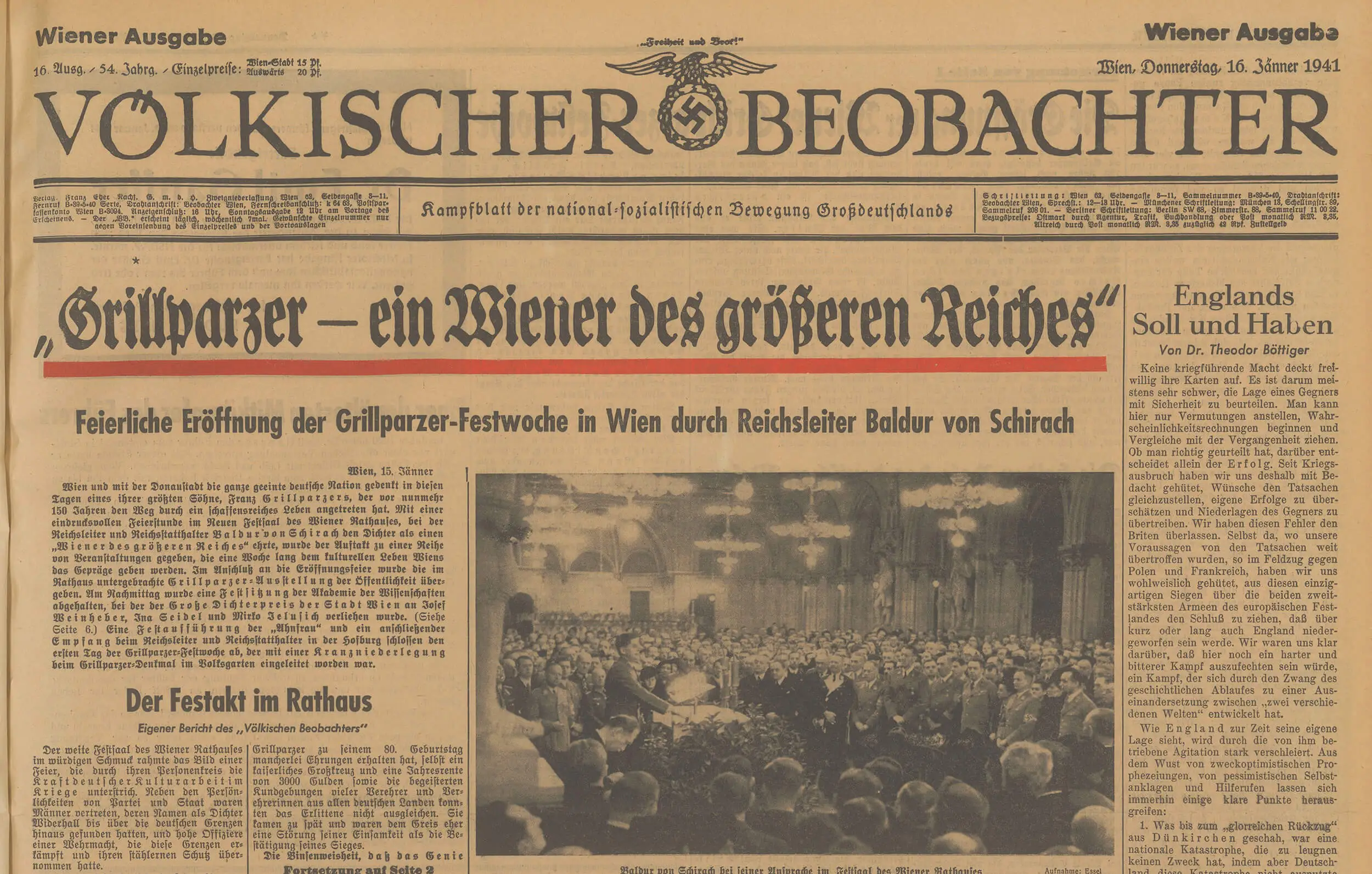 Titelseite des Völkischen Beobachters (Wiener Ausgabe) vom 16. Jänner 1941, Quelle: Anno/ÖNB  