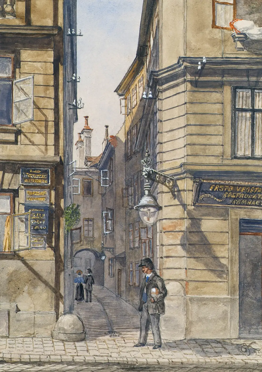Gustav Korompay: Die Brunngasse mit dem ersten vegetarischen Restaurant in Wien, um 1900, Österreichische Galerie Belvedere, Wien  