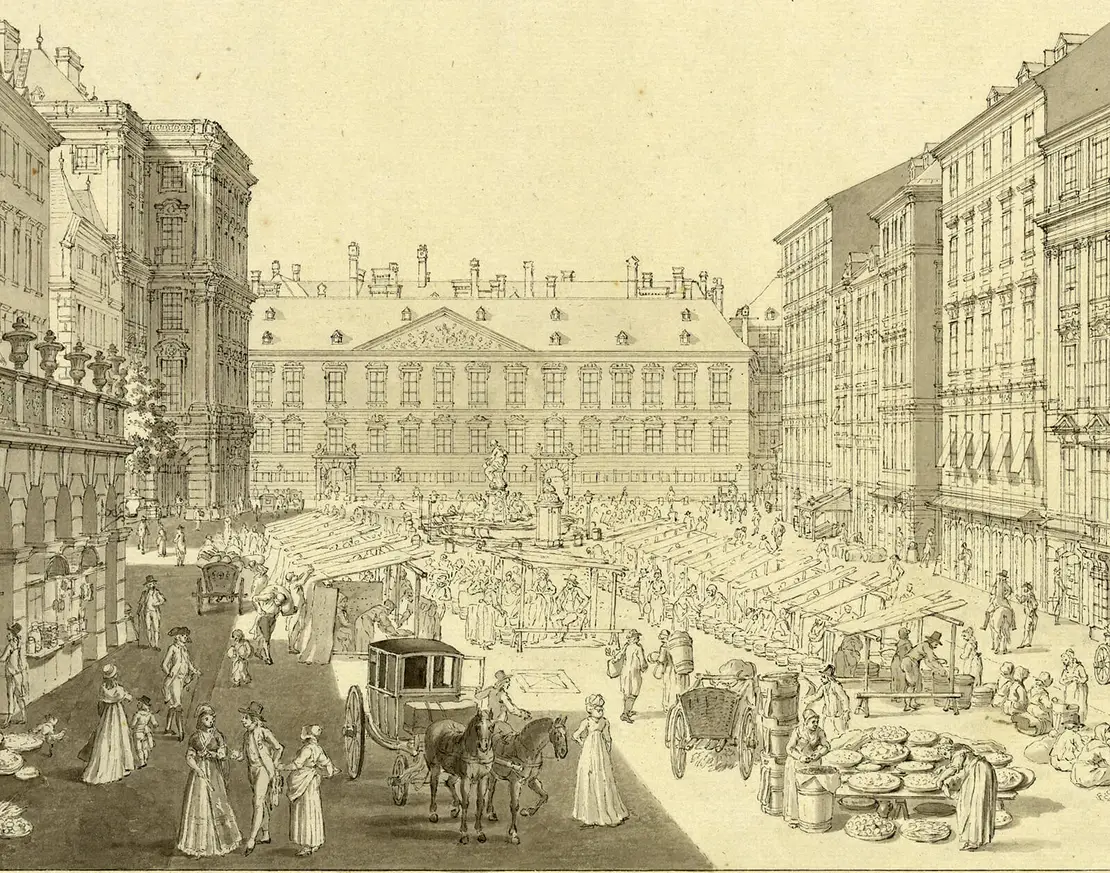 Der Donnerbrunnen nach der Entfernung der vier Flussfiguren, Detail aus einer Federzeichnung von Carl Schütz, um 1798, Wien Museum