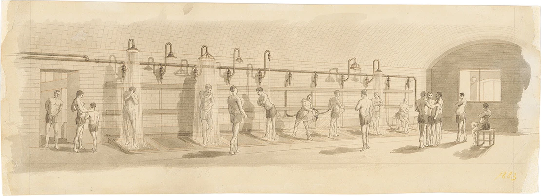 Duschraum im Esterházy-Bad, Gumpendorfer Straße 59/Luftbadgasse 12, um 1880, Handzeichnung, Wien Museum, Inv.-Nr. 164272/1  