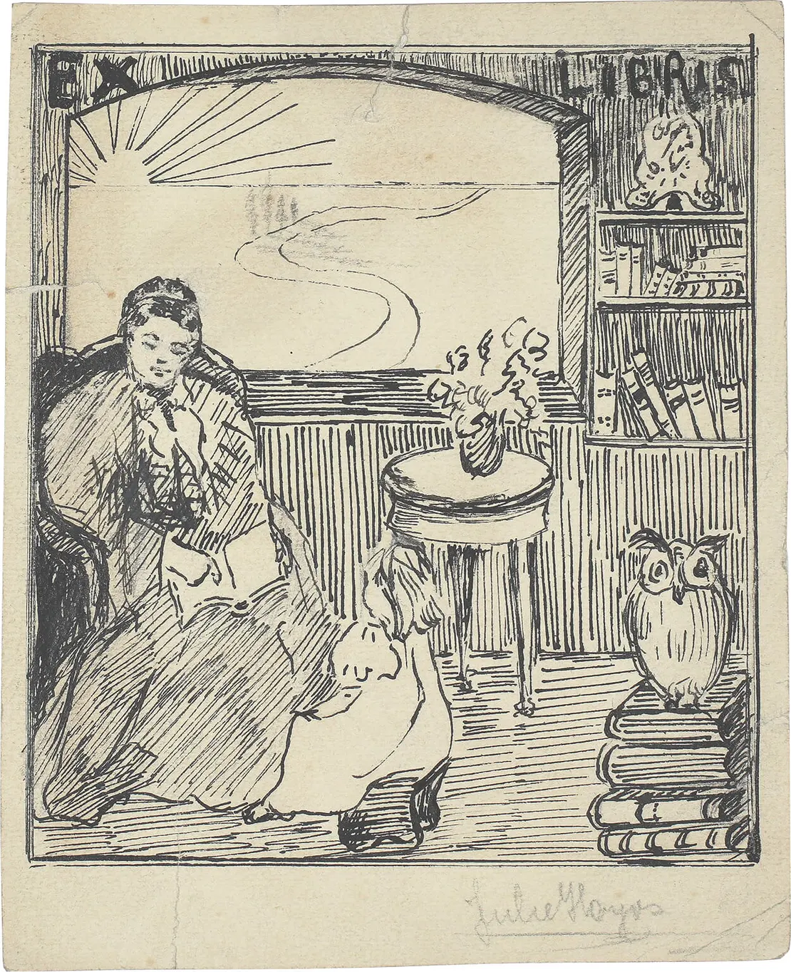 Julie Gräfin Hoyos: Exlibris-Entwurf für Marie von Ebner-Eschenbach stellt eine lesende Frau dar, vermutlich um 1860, Wien Museum, Inv.-Nr. 50468/5