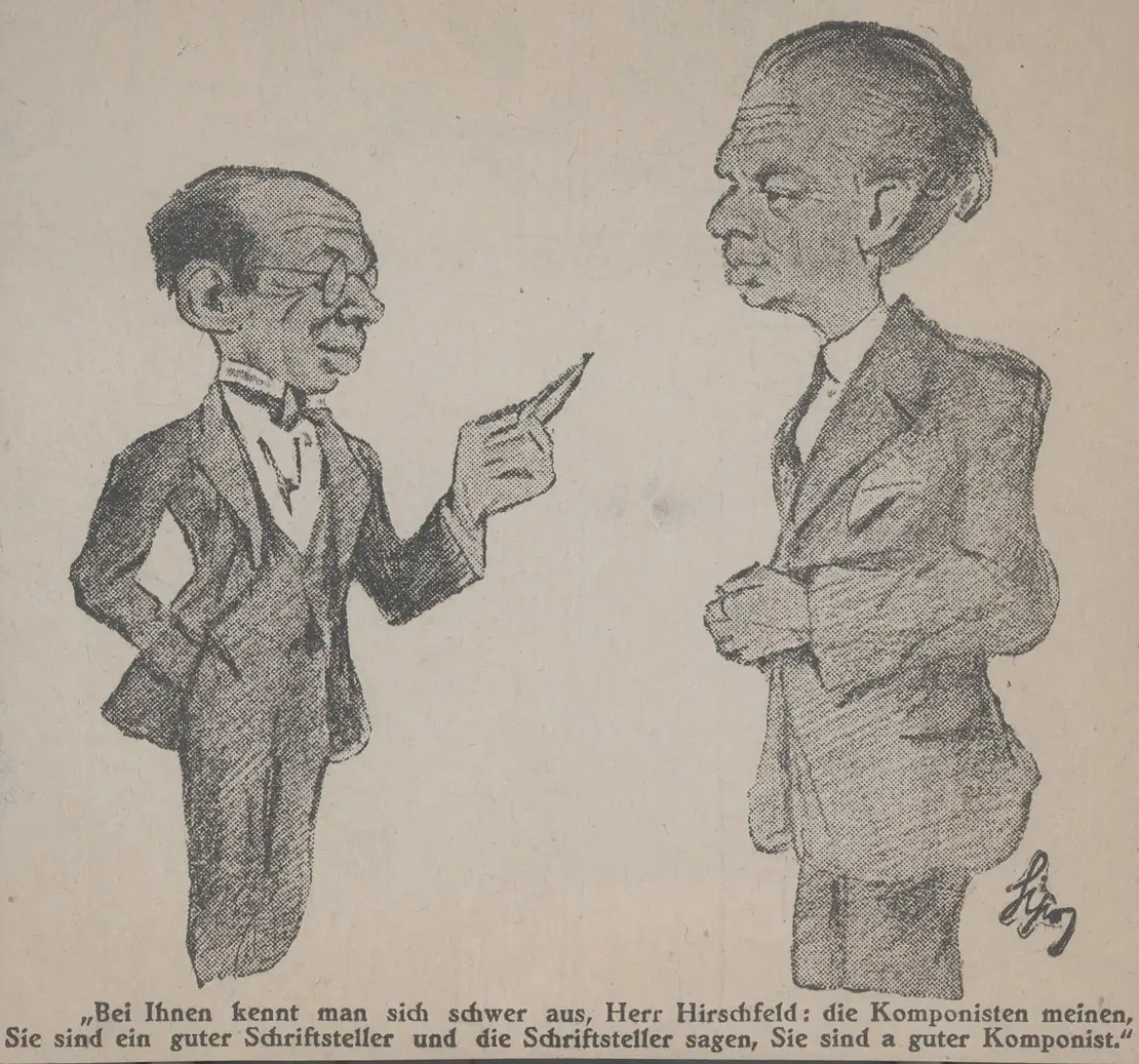 Fritz Grünbaum und Ludwig Hirschfeld, Zeichnung: Adalbert Sipos, um 1930, Bildarchiv Austria  