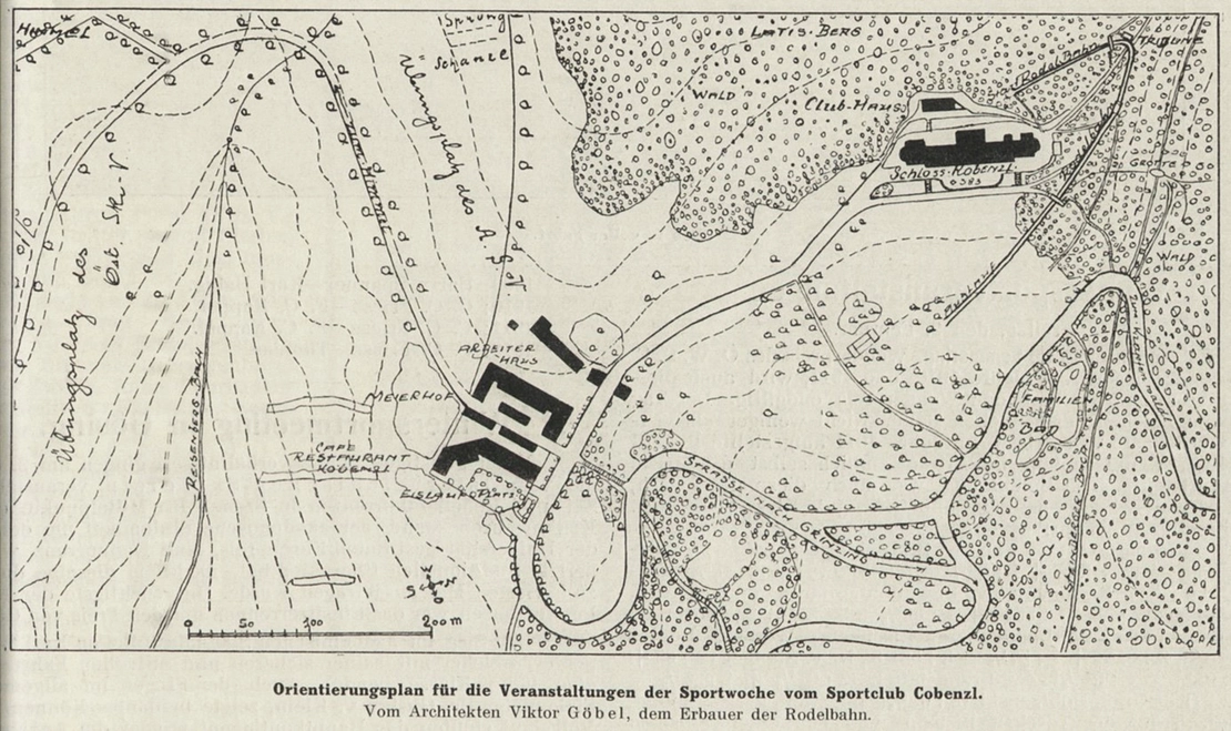 Der Lageplan von 1912 zeigt die Geländeaufteilung für den Wintersport. Rechts oben ist der Verlauf der Rodelbahn eingezeichnet, deren Startpunkt sich nördlich des damals noch bestehenden Schlosses befand. Südlich davon war ein Familienbad in den einstigen Schlossteichen angedacht, die im Winter als Eislaufplatz dienen sollten. Auch die Wiesen waren verplant: Ganz links im Bild sollten am Himmel die Übungspisten des Österreichischen Ski-Verbands entstehen, während jene des Arbeitersportvereins gegenüber nordnordwestlich von Cafe-Restaurant und Meierhof geplant waren. Am oberen Bildrand Mitte links ist der ursprünglich geplante Bauplatz der Sprungschanze eingetragen. Am rechten Bildrand nördlich der Straße ist die Lage der damals noch bestehenden Grotte aus Graf Cobenzls Landschaftsgarten eingezeichnet, die wohl schon beim Bau der Schanze 1928 abgetragen wurde, spätestens aber 1957. Quelle: Illustriertes österreichisches Sportblatt, 10. Februar 1912, S. 5, ANNO/ÖNB  
