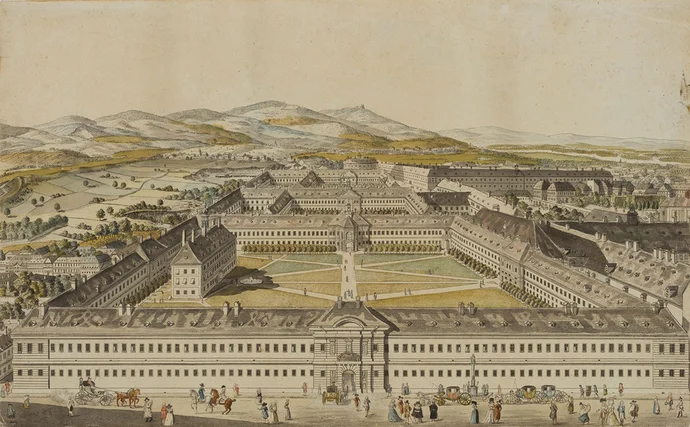 Das Allgemeine Krankenhaus. Kolorierter Kupferstich von Joseph und Peter Schaffer, Wien 1784. Signatur: MUW-DG-000105-0006, Josephinum – Ethik, Sammlungen und Geschichte der Medizin, MedUni Wien