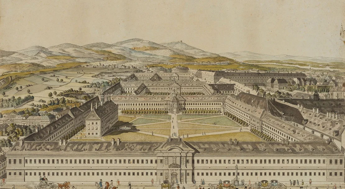 Das Allgemeine Krankenhaus. Kolorierter Kupferstich von Joseph und Peter Schaffer, Wien 1784. Signatur: MUW-DG-000105-0006, Josephinum – Ethik, Sammlungen und Geschichte der Medizin, MedUni Wien