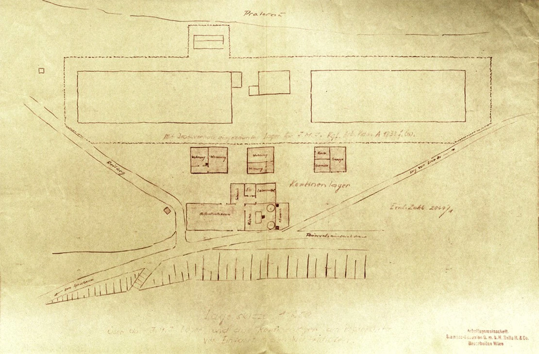 Auch dieser undatierte Plan trägt den Stempel der ARGE Siemens/Rella. Da zwei Wohnbaracken eingezeichnet sind, könnte die Zeichnung zwischen Ende Juni und Herbst 1944 entstanden sein. Folgender Text steht am unteren Bildrand: „Lageskizze 1:250 über das I.M.I. Lager und Kantinenlager am Praterspitz vor Einfahrt in den Winterhafen“. Die Beschriftung im Lagerareal lautet: „Mit Drahtverhau eingezäuntes Lager für I.M.I. Kgf.Arb.Kdo A 1833 f. Gw.“ Quelle: WStLA   