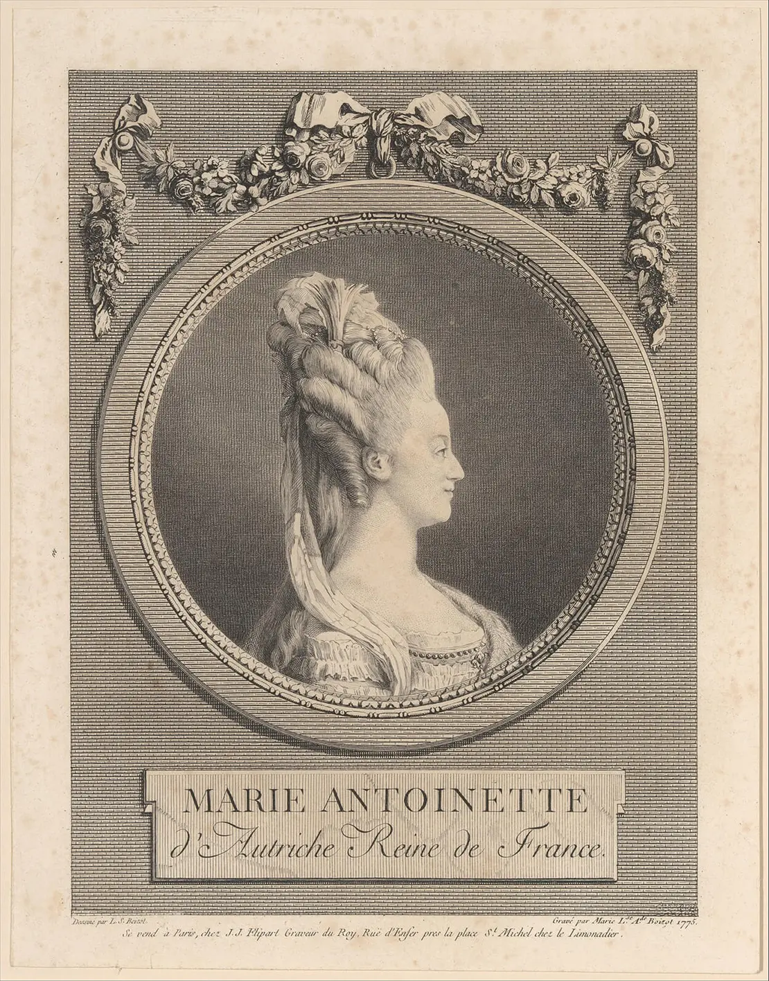 Marie Antoinette, „die österreichische Königin Frankreichs“, Druck, 1775. Metropolitan Museum of Art  