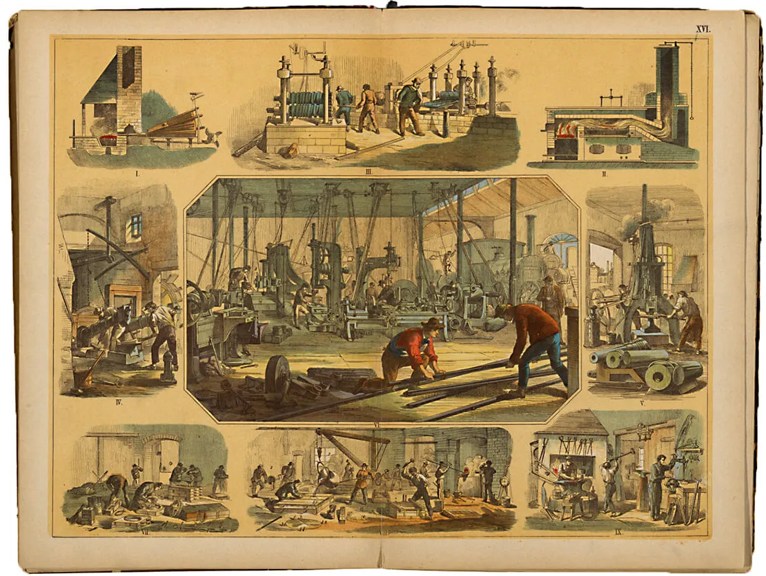 Die Industrialisierung stellte viele Gewerbezweige vor große Herausforderungen. Dazu kam der Börsenkrach von 1873. Die damit einhergehende Verunsicherung nutzt Lueger, um Wähler im mittleren und kleinen Bürgertum zu lukrieren. Abbildung aus einem dem Band „Die Werkstätten der Handwerker ... Eine Rundschau über mehr als 150 Handwerke, Künste und Industriezweige der Gegenwart auf 20 Folioblättern in lithographischem Buntdruck“, 1871, Wien Museum   