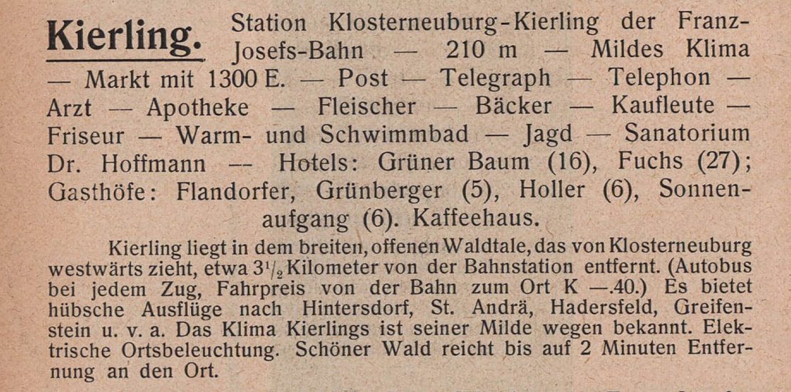 Beschreibung Kierlings, aus: Illustrierter Wegweiser durch die österreichischen Kurorte, Sommerfrischen und Winterstationen, Wien, 1913, S. 58, ANNO/ÖNB 