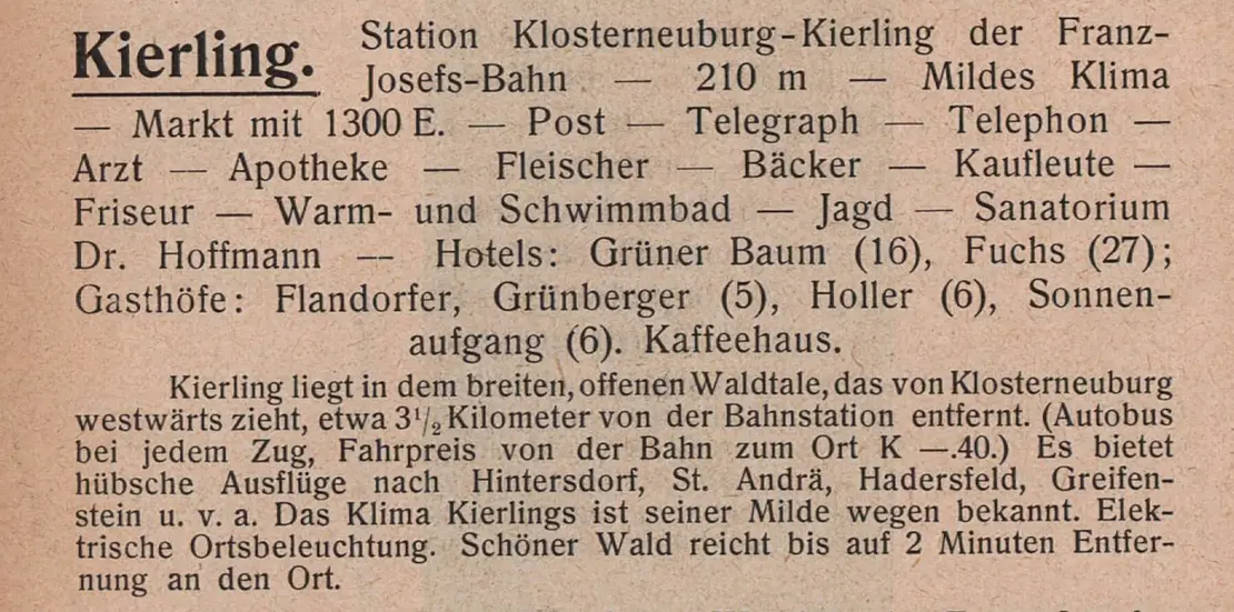 Beschreibung Kierlings, aus: Illustrierter Wegweiser durch die österreichischen Kurorte, Sommerfrischen und Winterstationen, Wien, 1913, S. 58, ANNO/ÖNB