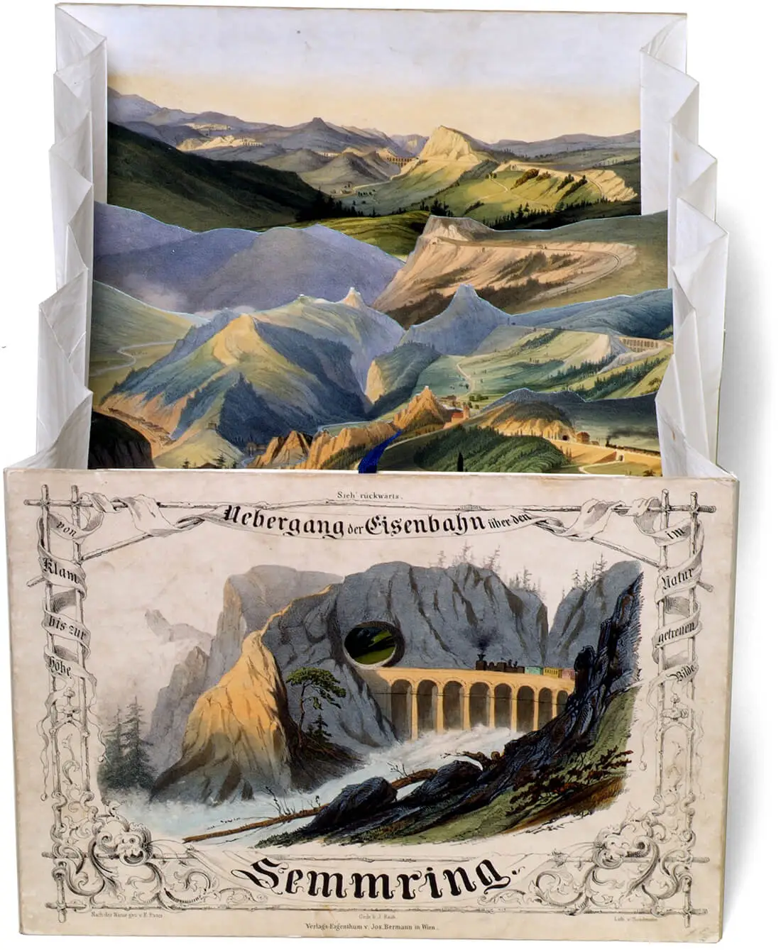 Diorama des Übergangs der Eisenbahn über den Semmering, Lithografie von Franz Josef Xaver Sandmann nach Friedrich von Exter, Wien Museum